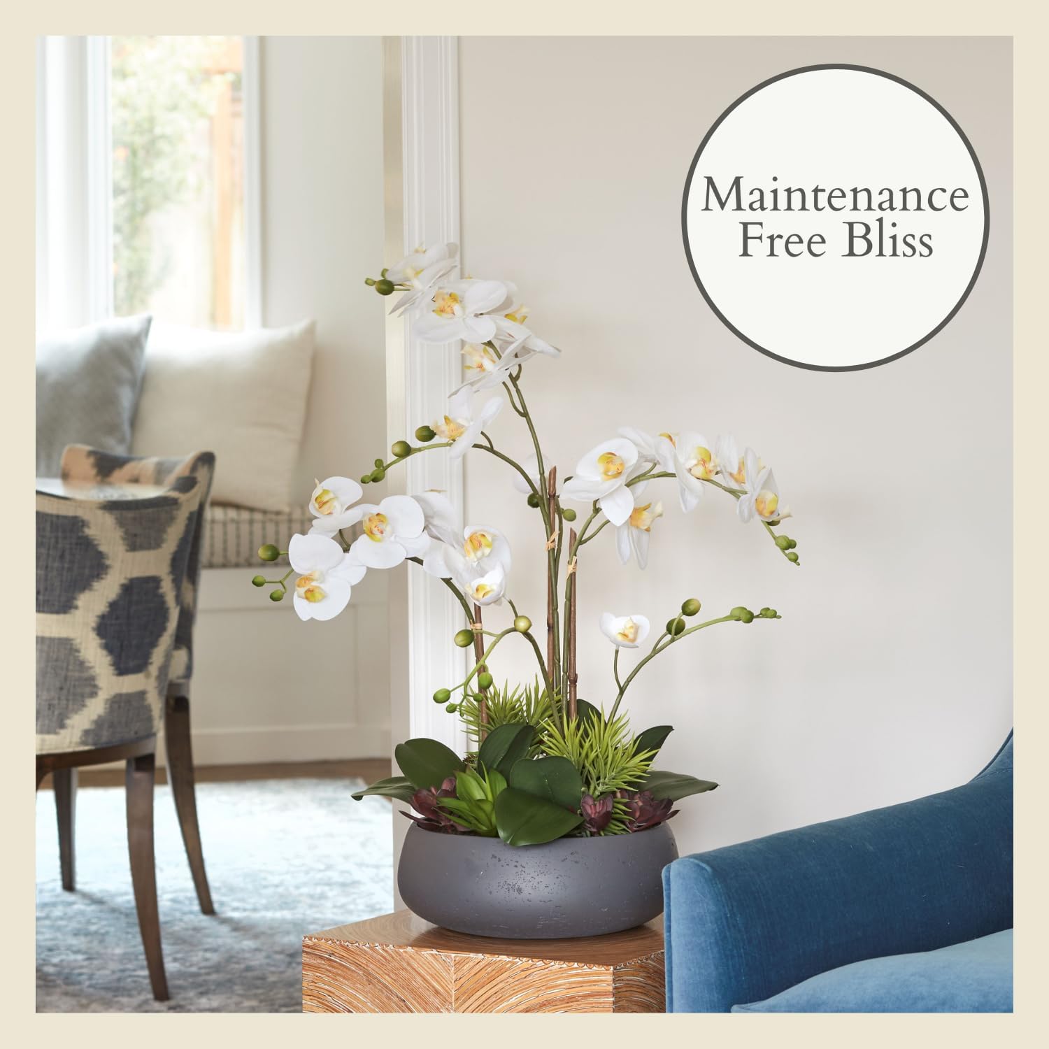 Faux Orchid Plant with Succulents - 24 in, Grey Pot - Image 6